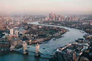 View of London's Tower Bridge and Canary Wharf in the background